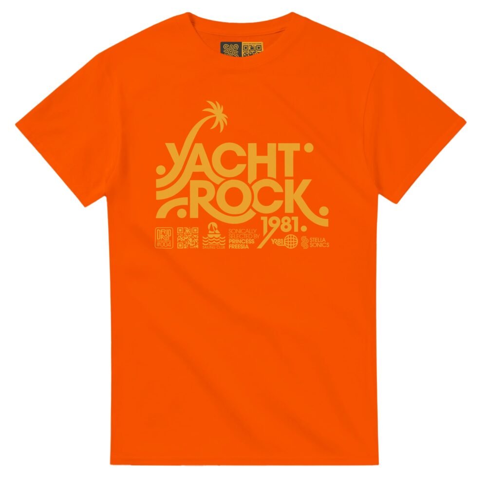 Yacht Rock 1981 T-Shirt. Yellow Graphic on Orange t-shirt.